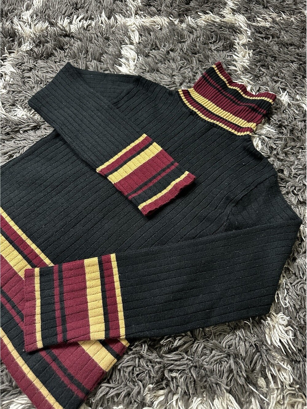 Vintage 2000s Tangents Ribbed Turtleneck Sweater Womens Medium Black Striped Y2K